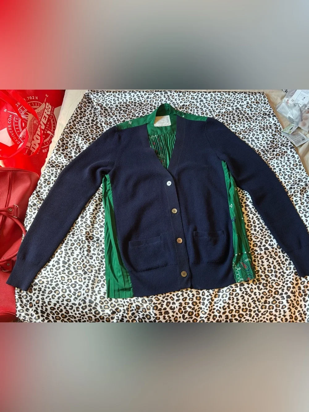 Sacai Navy Cardigan with Emerald Green Accents